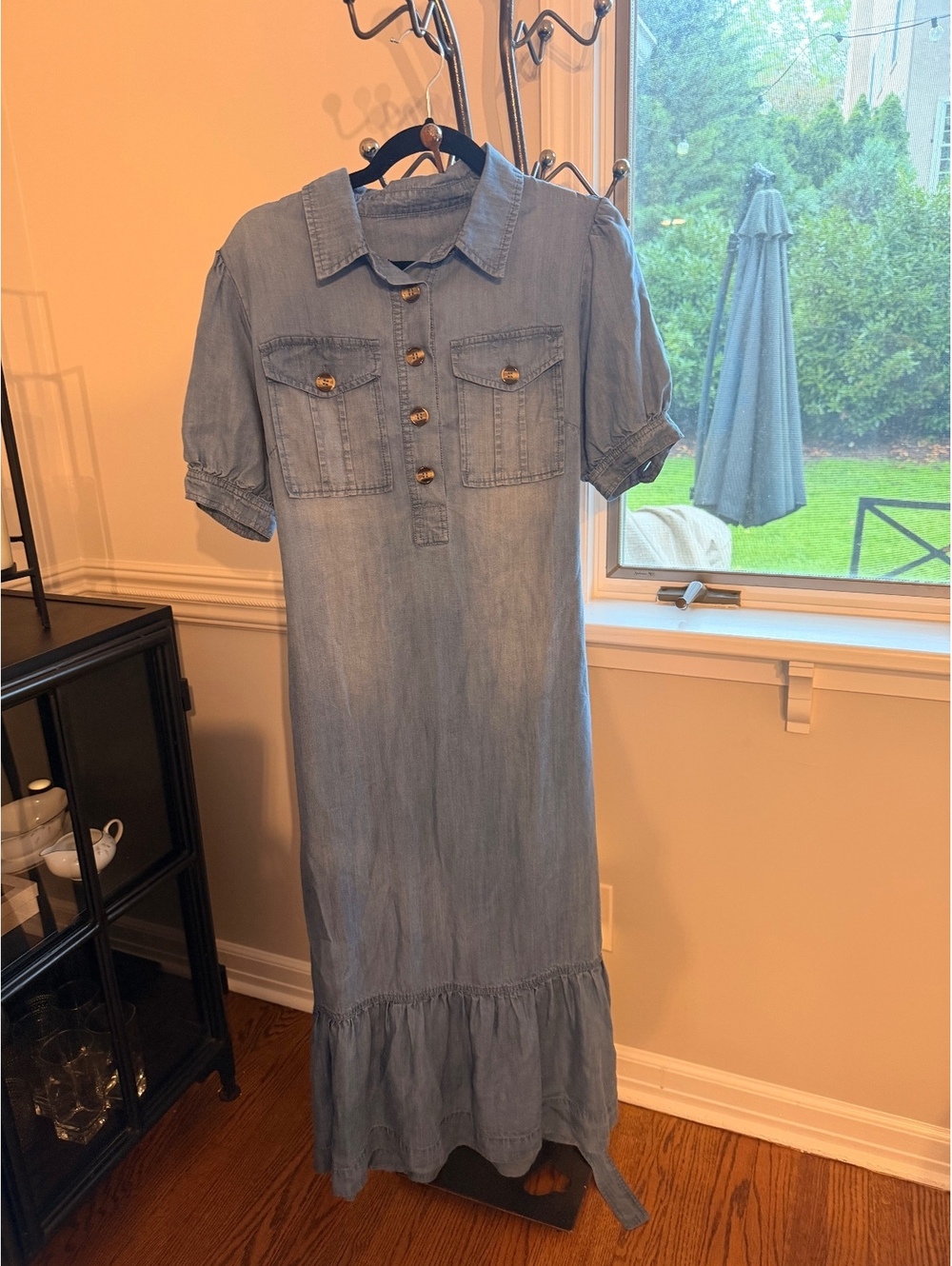 Elan Light Blue Denim Midi Dress with Button Front and Ruffle Hem, size small